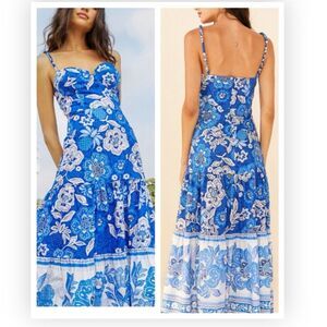 FARM Rio Blue Full of Flowers Organic Cotton Midi Dress M $248